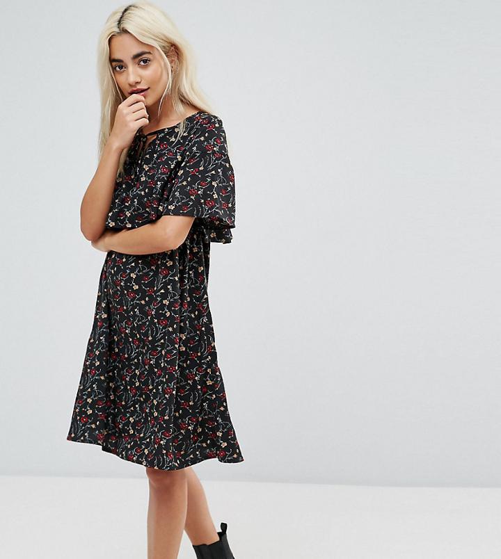 Yumi Petite Cape Detail Dress In Small Floral Print - Black