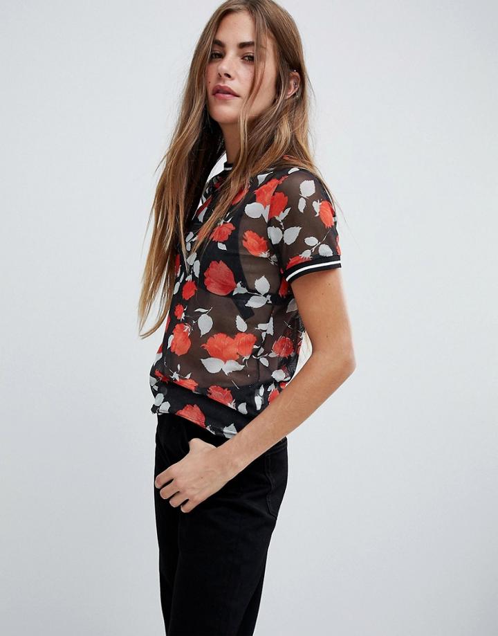 Heartbreak Floral Mesh Top With Stripe Tape Trim - Multi