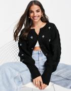Asos Design Cable Cardigan With Embroidered Flowers In Black
