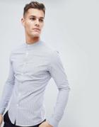 Asos Design Smart Skinny Stripe Shirt With Grandad Collar - Blue