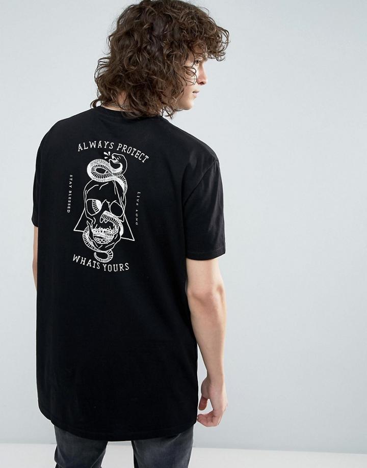 Asos Longline T-shirt With Skull Back Print - Black