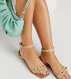 London Rebel Wide Fit Square Toe Studded Two Part Flat Sandals In Beige-neutral