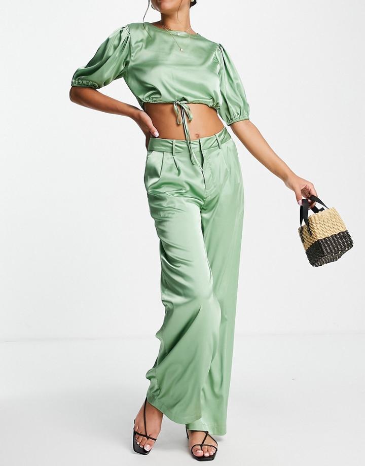 Skylar Rose 2 Piece Satin Wide Leg Pants With Crop Top Set In Sage Green