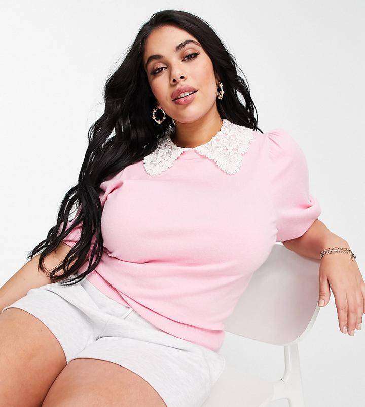 River Island Plus Poplin Collared Knit Top In Pink