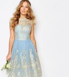 Chi Chi London Premium Metallic Lace Midi Prom Dress With Bardot Neck - Blue