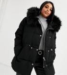 Asos Design Curve Tie Waist Puffer Jacket With Faux Fur Hood In Black - Black
