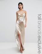 Jarlo Tall Cowl Front Strappy Cami Maxi Dress With Thigh Split - Silver