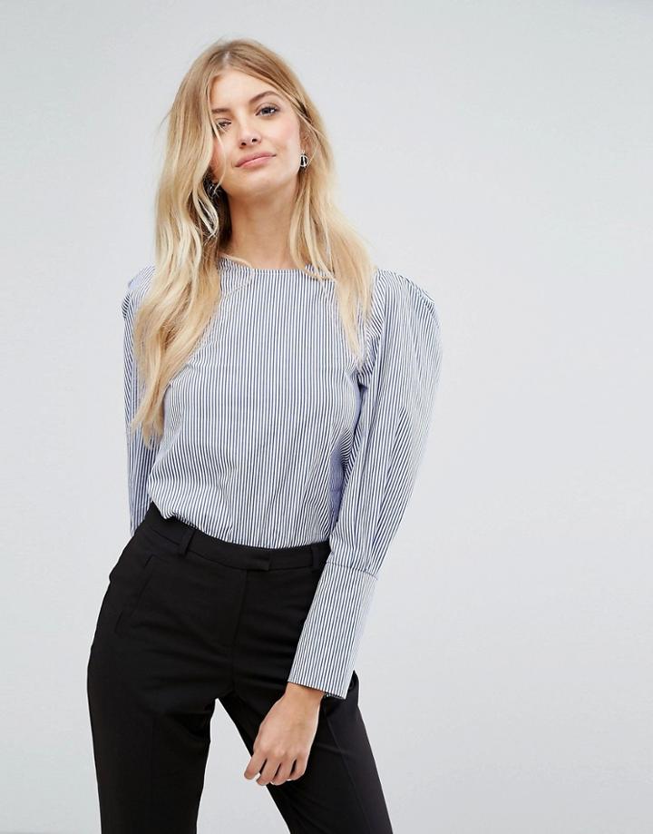New Look Fine Stripe Sleeve Drama Blouse - Blue