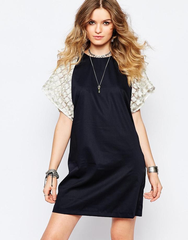 Stevie May Gold Flower Mini Shift Dress In Navy