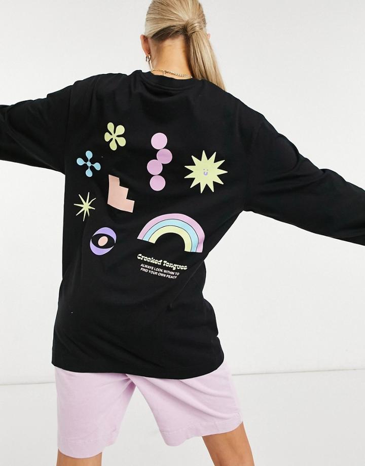 Crooked Tongues Oversized Long Sleeve T-shirt With Neon Puff Print Design In Black-grey