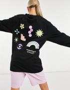 Crooked Tongues Oversized Long Sleeve T-shirt With Neon Puff Print Design In Black-grey