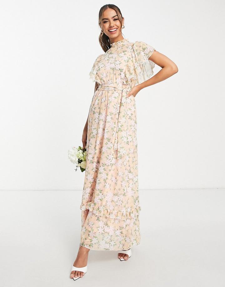 Blume Bridal Maxi Dress With Frill Detail In Chiffon Floral In Pink-multi