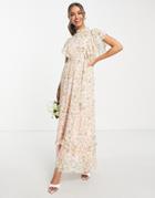 Blume Bridal Maxi Dress With Frill Detail In Chiffon Floral In Pink-multi