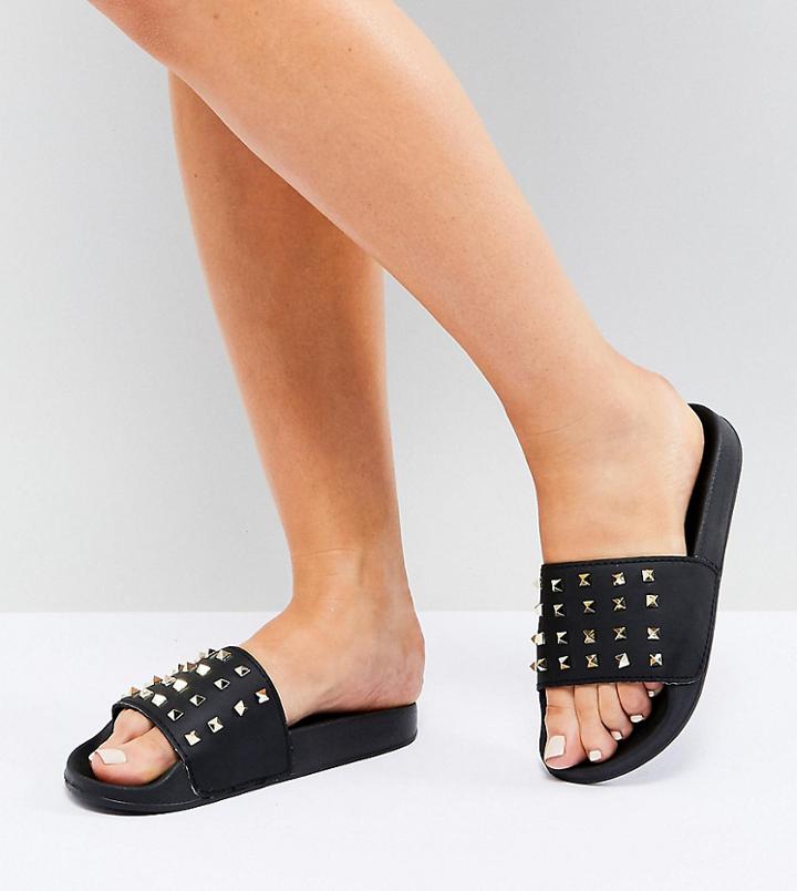 Truffle Collection Wide Fit Stud Slider Sandal - Black