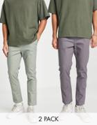 Asos Design 2 Pack Slim Chinos With Elasticated Waist In Light Green And Charcoal Save-multi