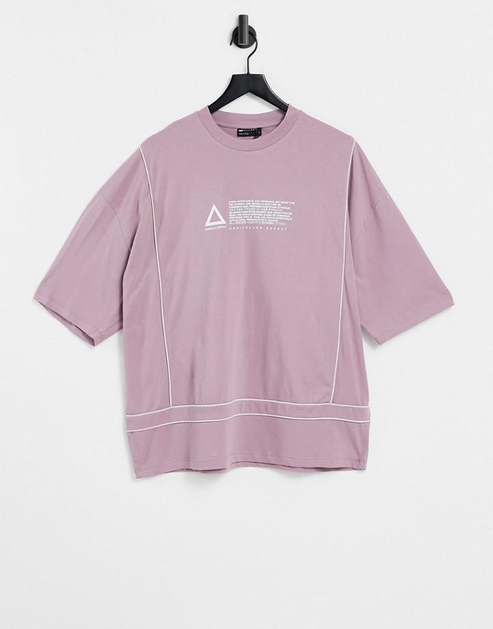 Asos Unrvlld Spply Oversized T-shirt With Logo Chest Print & Piping Details In Mauve-purple