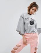 Asos T-shirt With Flare Ruffle Sleeve & Front Print - Gray