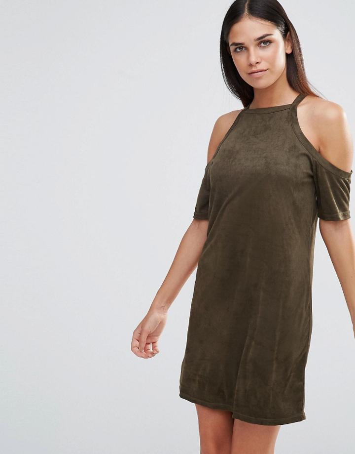 Ax Paris Cold Shoulder Dress In Suedette - Green