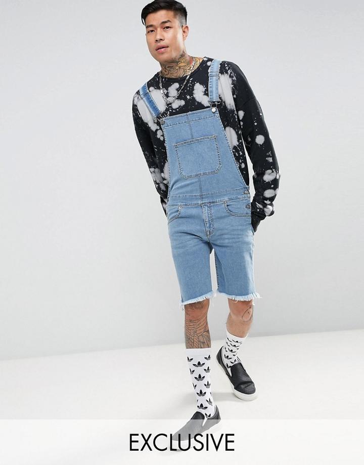 Jaded London Skinny Overalls In Mid Blue With Raw Hem - Blue