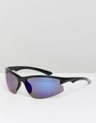 Asos Design Visor Sunglasses In Black With Blue Mirror Lens - Black