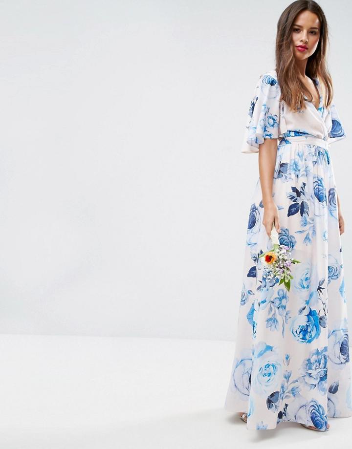 Asos Wedding Pink Base Floral Flutter Sleeve Maxi Dress - Multi