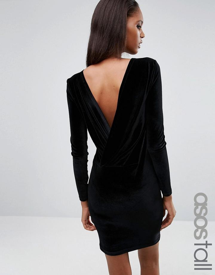 Asos Tall Velvet Wrap Back Long Sleeve Mini Dress - Black