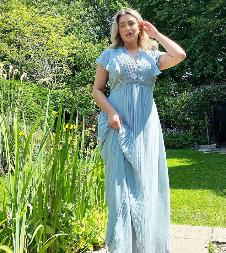 Tfnc Plus Bridesmaid Lace Detail Maxi Dress With Flutter Sleeve In Sage-green
