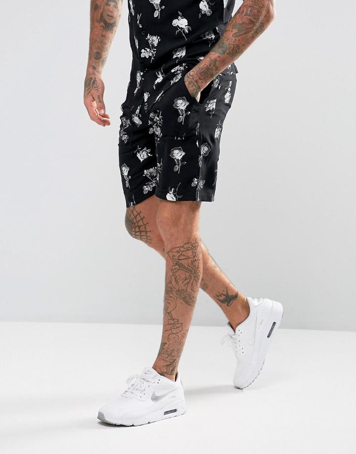 Rose London Skinny Shorts In Black Rose Print - Black