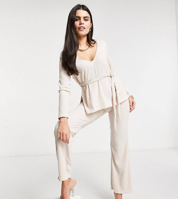 Club L London Petite Ribbed Plunge Neck Top Set In Cream-black