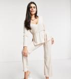 Club L London Petite Ribbed Plunge Neck Top Set In Cream-black