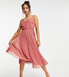 Asos Design Petite Button Front Pleated Cami Midi Dress With Drawstring Waist In Pink
