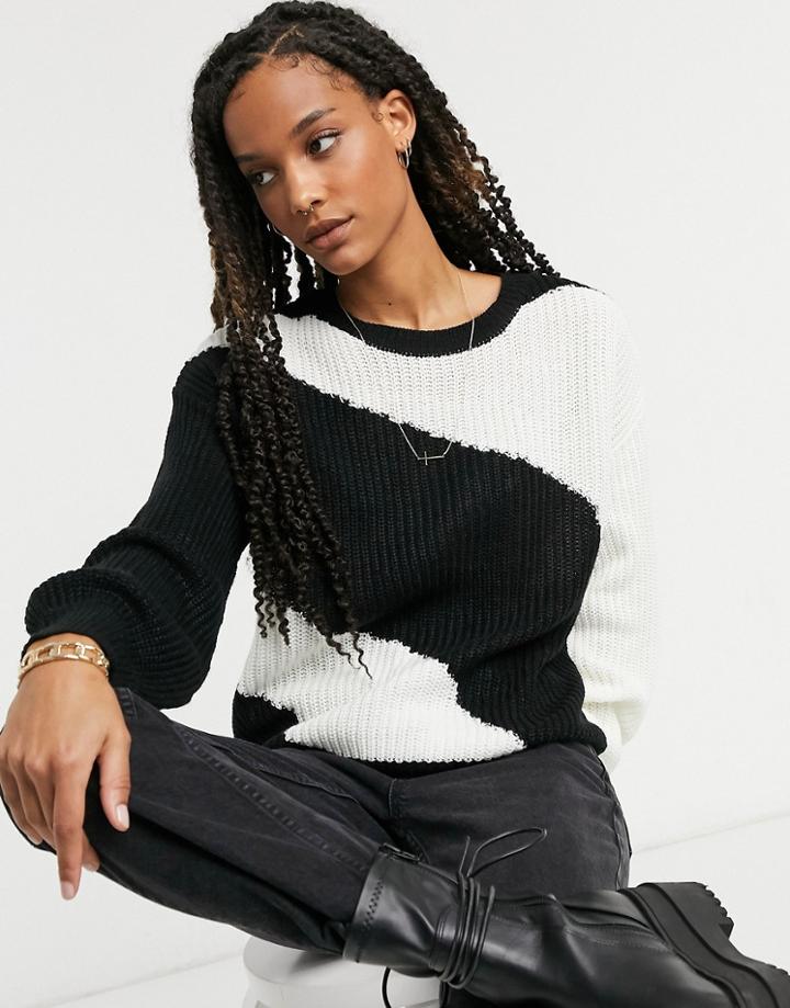 Ax Paris Panelled Colorblock Sweater In Black And White-multi