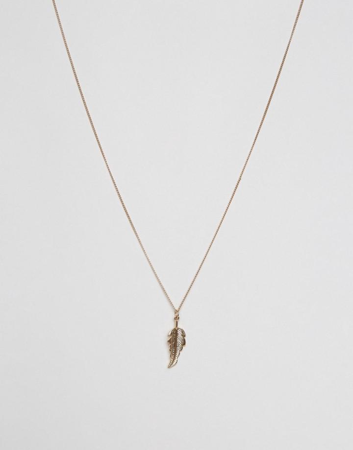 Asos Feather Necklace In Burnished Gold - Brown