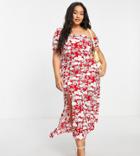 In The Style Plus X Jac Jossa Flutter Sleeve Midi Dress With Thigh Split In Red Floral Print