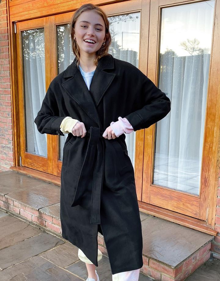 New Look Drop Shoulder Belted Maxi Coat In Black