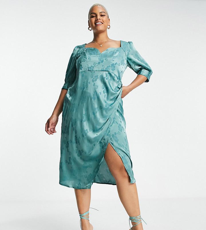 Little Mistress Plus Midi Dress With Sweetheart Neckline In Floral Jacquard-blue