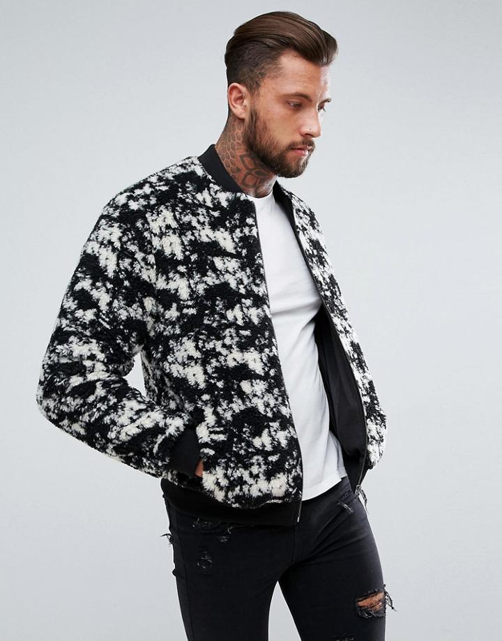 Asos Borg Bomber Jacket In Black And White Print - Black