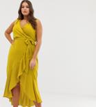 Flounce London Plus Wrap Front Midaxi Dress In Chartreuse-yellow