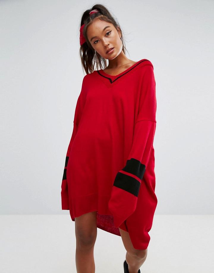 Asos Knitted Dress With V-neck And Sports Tipping - Red