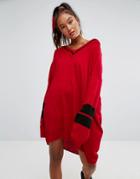 Asos Knitted Dress With V-neck And Sports Tipping - Red