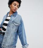 Asos Design Tall Denim Girlfriend Jacket In Midwash Blue