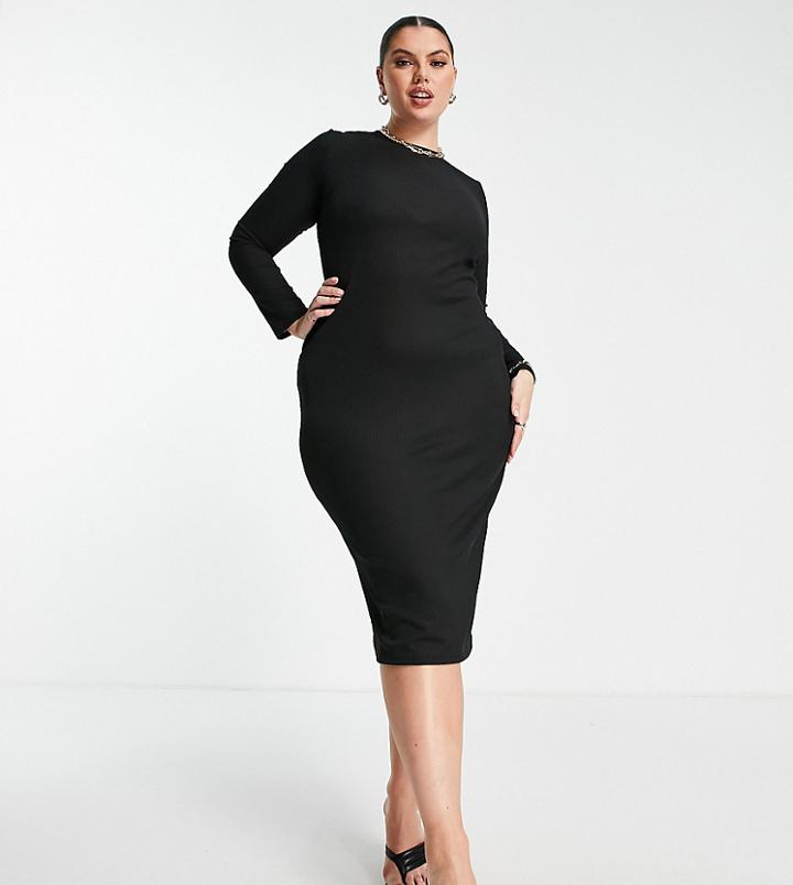 River Island Plus Ribbed Column Midi Dress In Black