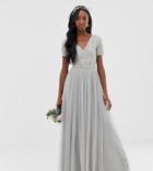 Maya Tall Bridesmaid V Neck Maxi Tulle Dress With Tonal Delicate Sequins In Silver-grey