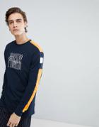 Asos Relaxed Longline Long Sleeve T-shirt With Color Block Sleeves & Embroidery - Navy
