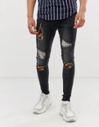 Siksilk Super Skinny Jeans With Baroque Rips In Washed Black