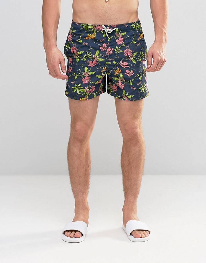 Bellfield Tropical Print Swim Shorts - Navy