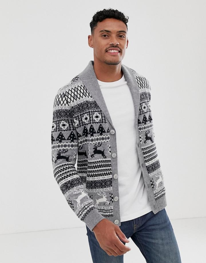 Asos Design Lambswool Fairisle Cardigan In Gray