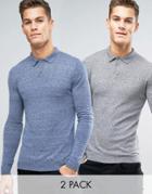 Asos 2 Pack Knitted Muscle Fit Polo In Blue/gray Save - Multi