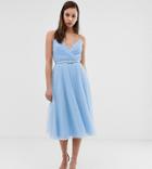 Asos Design Tall Belted Pleated Tulle Cami Midi Dress-blue