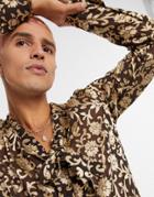 Asos Design Burnout Shirt With Pussy Bow In Gold